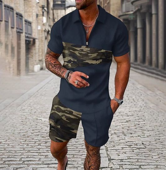 Camouflage Navy Blue Polo Shirt And Shorts Co-Ord